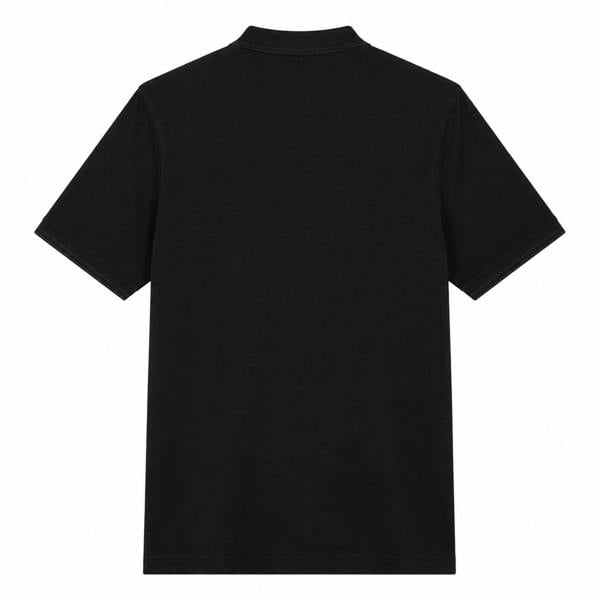 Back view of a black Barbour International 90th Anniversary polo shirt with short sleeves and a ribbed collar.