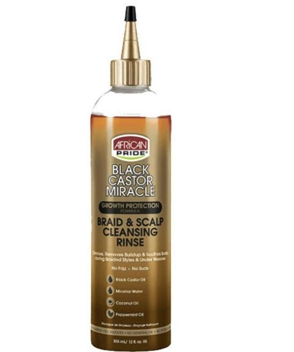 African Pride Braid & Scalp Cleansing Rinse gently cleanses and conditions hair, edges, and the scalp during braided styles and under weaves without causing frizz.