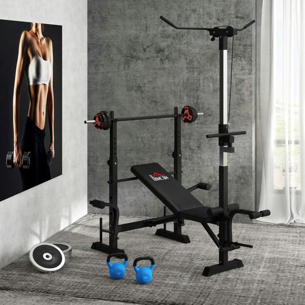 Adjustable weight bench with pulley tower, barbell rack, and incline press bench pad