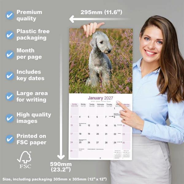 Bedlington Terrier Calendar 2027, Wall Calendars, Month To View, Dogs, Gift