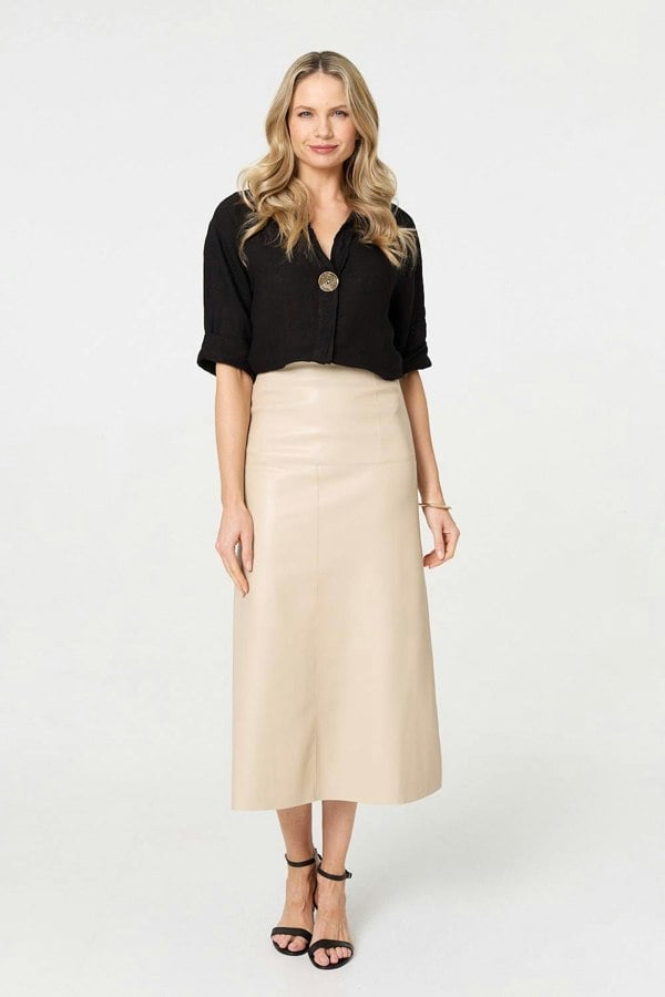 Beige | Faux Leather High Waist Midi Skirt

