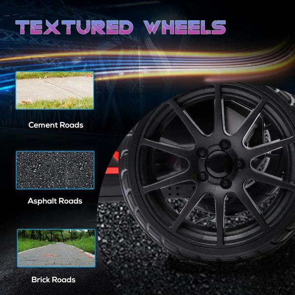 Black performance-style wheels on a red kids electric go-kart, close-up wheel view