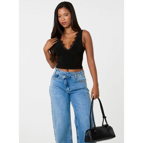 Pink Vanilla Lace Trim V Neck Crop Top