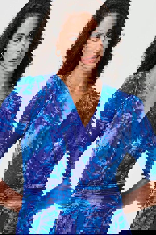 Blue | Printed 1/2 Sleeve Wrap Midi Dress
