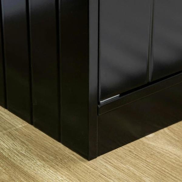 Black raised pet feeder cabinet side view with raised base and smooth front panels.