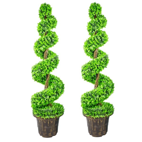 Leaf 120cm Pair of Green Large Leaf Spiral Topiary Trees with Decorative Planters