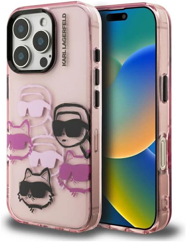 Karl Lagerfeld IML Multi Karl & Choupette Head Pattern Case for iPhone 16 Pro 6.3" Pink - KLHCP16LHMCHKCP