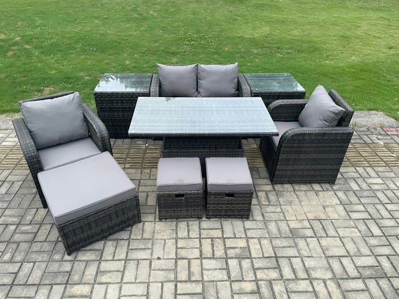 Fimous Rattan Furniture Outdoor Garden Dining Set Patio Height Adjustable Rising lifting Table Love Sofa Chair With 2 Side Tables Stools