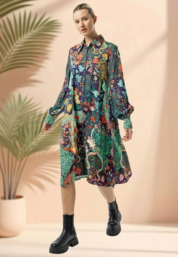 ANGELEYE Deluxe Luxurious Viscose Twill Navy Collared Midi Dress in Premium Floral Print