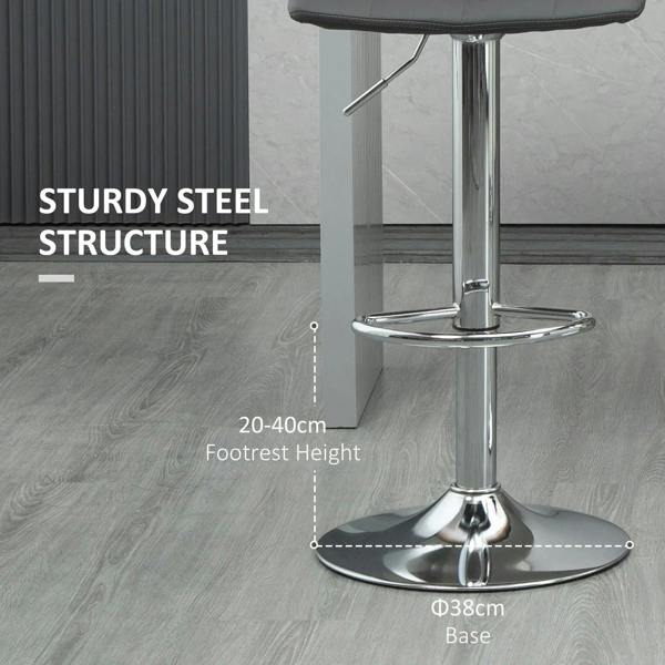 Grey bar stool with sturdy round chrome base and height-adjustment mechanism