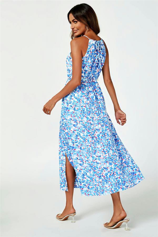 FS Collection Tie Halterneck Floral Print Split Maxi Dress In Blue