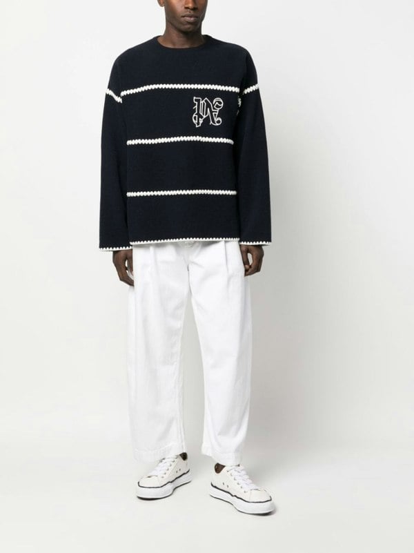 Palm Angels Monogram Striped Sweater Navy Blue - Supplied FashionPALM ANGELS