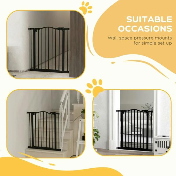 Black pet gate shown in multiple doorways, suitable for indoor room openings