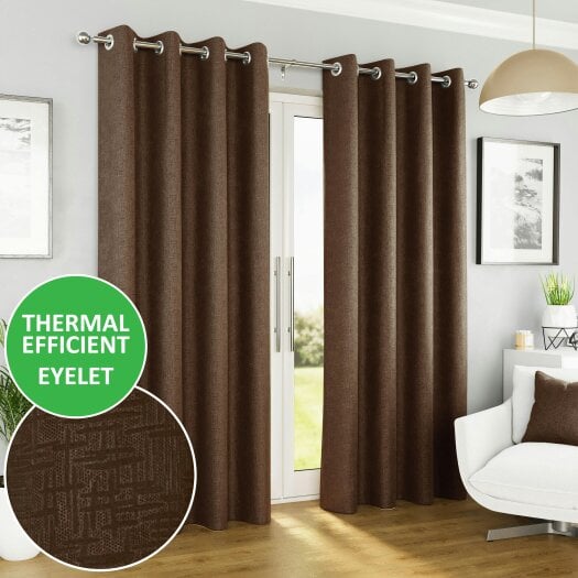 Enhanced Living Vogue Plain Textured Thermal Room Darkening Energy Saving Pair of Curtains For Bedroom & Living Room - Chocolate