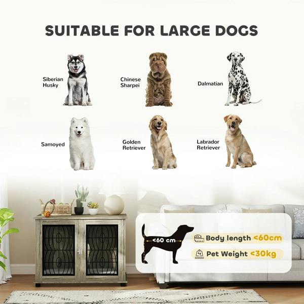 Grey pet crate furniture end table with front black wire doors for larger dogs