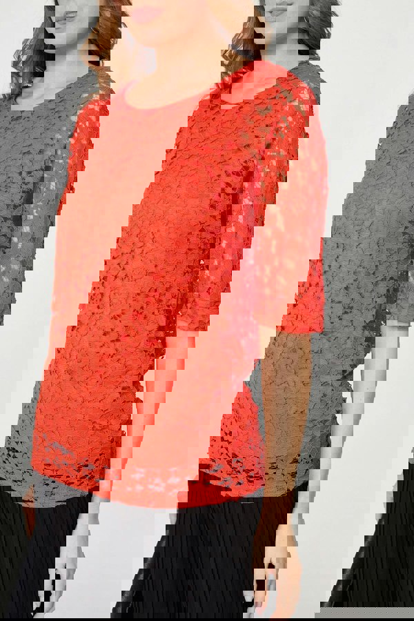 Coral | Floral Lace 3/4 Sleeve Relaxed Blouse
