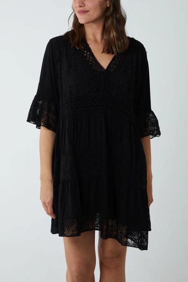 Hoxton Gal Oversized 3/4 Sleeves Lace Detailed V Neck Mini Dress in Black