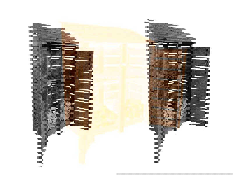 Arbor Garden Solutions Slatted Wooden Log Store with Door and Shelf W-146cm, H-126cm or 180cm, D-88cm - Brown Finish