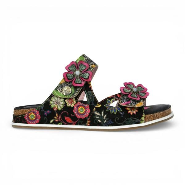Laura Vita Brcyano 32 - Women's Black Floral Leather Strappy Slipper