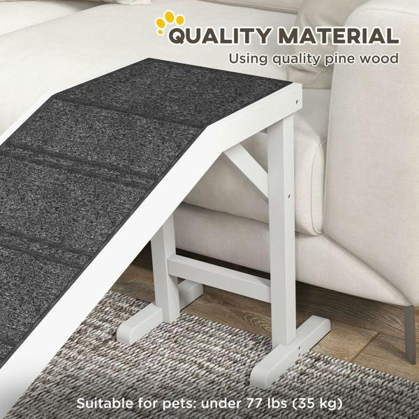 Dog ramp with dark textured carpet grip and white side frame for sofa access
