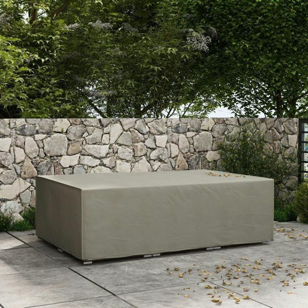 Grey waterproof furniture cover with smooth top and side panels for outdoor use
