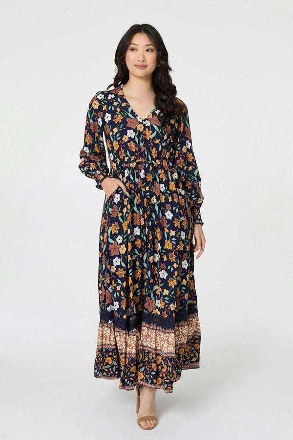 Navy | Floral Border Print Smocked Maxi Dress
