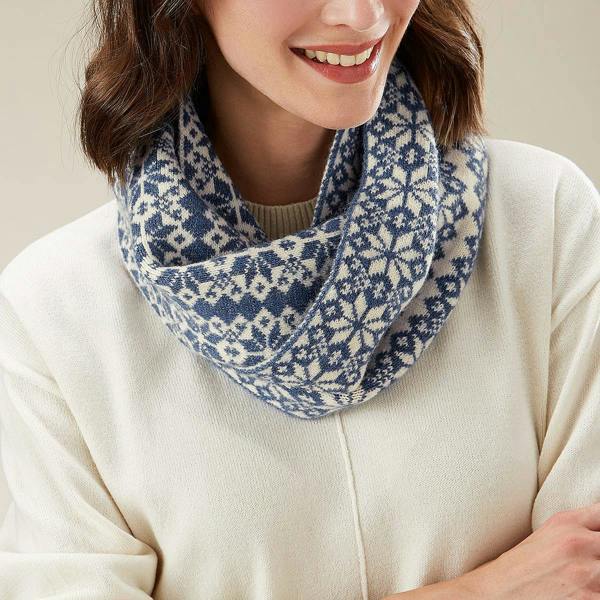 Pia Reversible Snood Scarf, Ecru & Denim Blue Snowflake Print