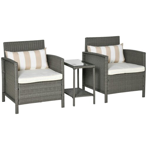 Wyld Haus Reha Rattan Light Grey 3 Piece Garden Bistro Set With 2 Tier Glass Table And Stripe Cushions