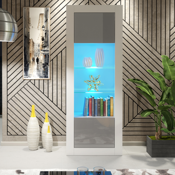 Mex Furniture 170cm Modern Display Cabinet – Grey High Gloss Doors
