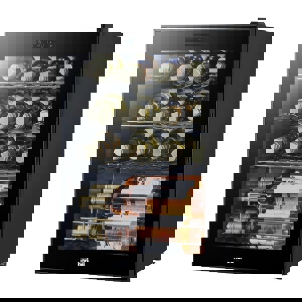 16 Bottle Freestanding Wine Cooler Fridge & Metal Shelves - LED BLACK & GLASS - LoopsDirect