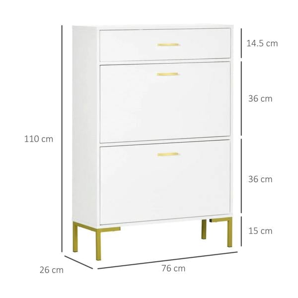 White three-drawer slim shoe cabinet with side dimensions shown