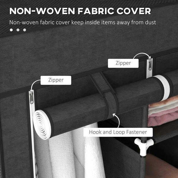 Black fabric wardrobe cover detail with zipper closure and hook-and-loop fastener strips.