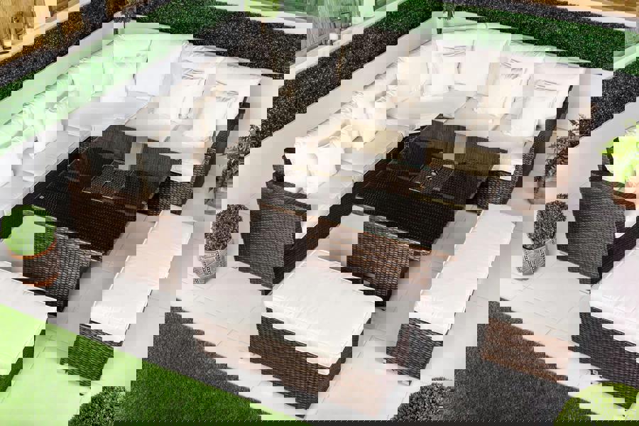 Giardino Santorini 5 Seat Modular Corner Sofa Rattan Garden Furniture Set Outdoor Adjustable Drinks Cooler Coffee Table & 2 Benches