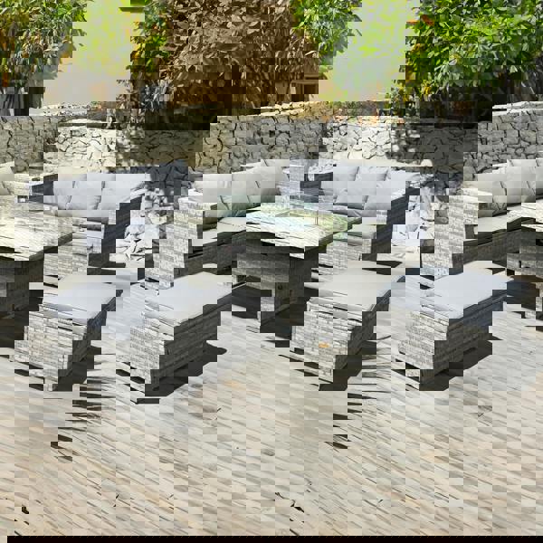 malta rattan 8 seat rising firepit corner set in dove grey with 2 footstools