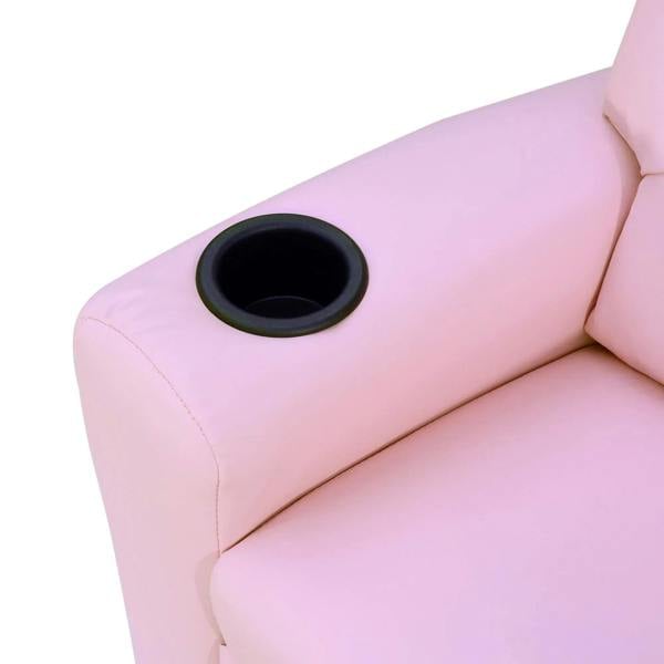 Pink kids recliner chair armrest cup holder with black recessed insert