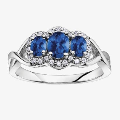 T. H. Baker 9ct White Gold Sapphire and Diamond Triple Cluster Twist Ring 51Y38WG/9-10