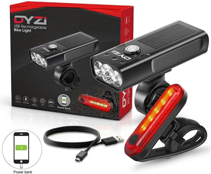 Dyzi Premium Aluminium Bike Lights Set Waterproof Rechargeable Powerbank