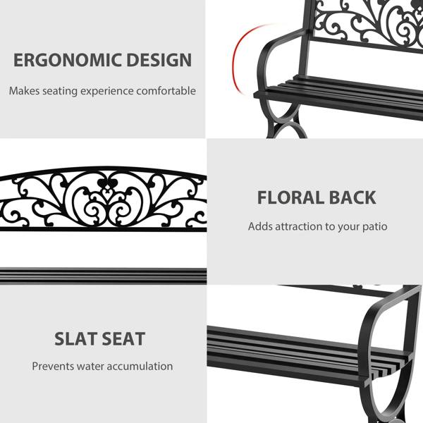 Black powder-coated steel garden bench with curved arm supports and decorative floral back