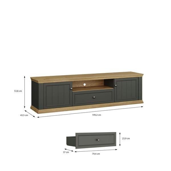 Furniture To Go Pontypool Wide TV Unit with 2 Doors, Drawer & Open Shelf in Grey and Mauvella Oak