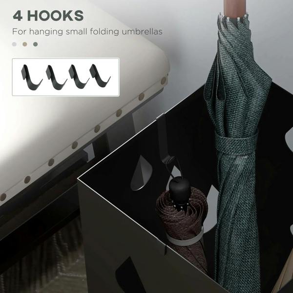 Black steel umbrella stand showing 4 hooks for small folding umbrellas