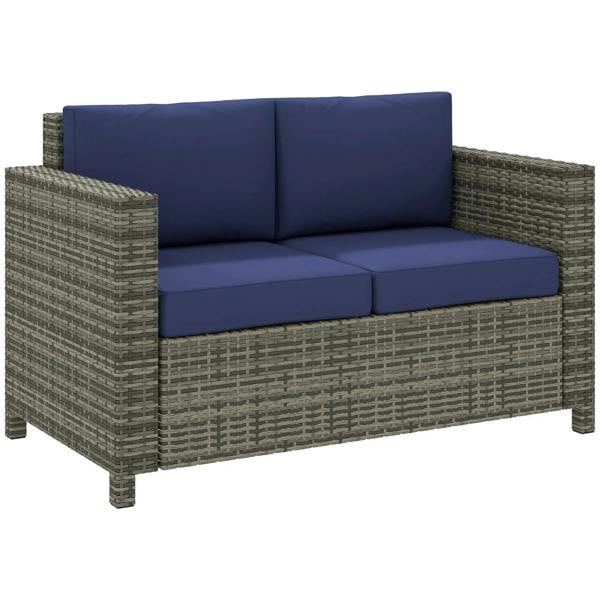 Navy blue padded 2-seater rattan garden sofa with armrests and cushions