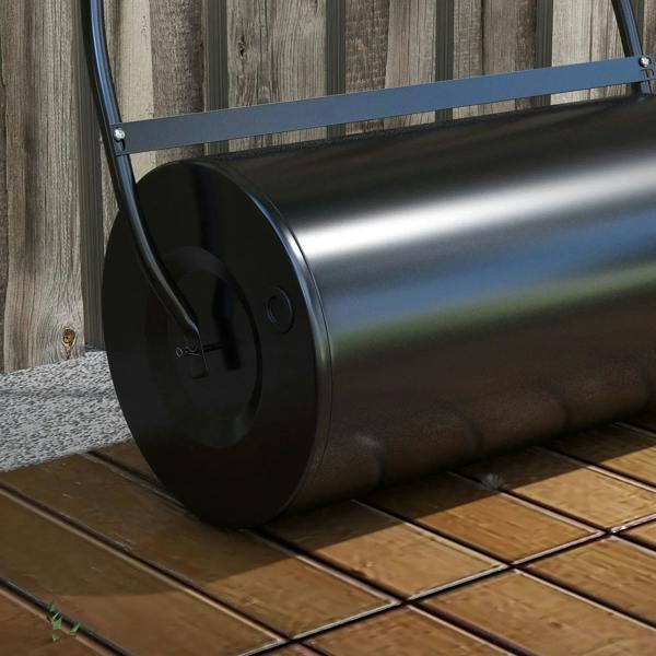 Black metal lawn roller drum with blue support frame on wooden deck