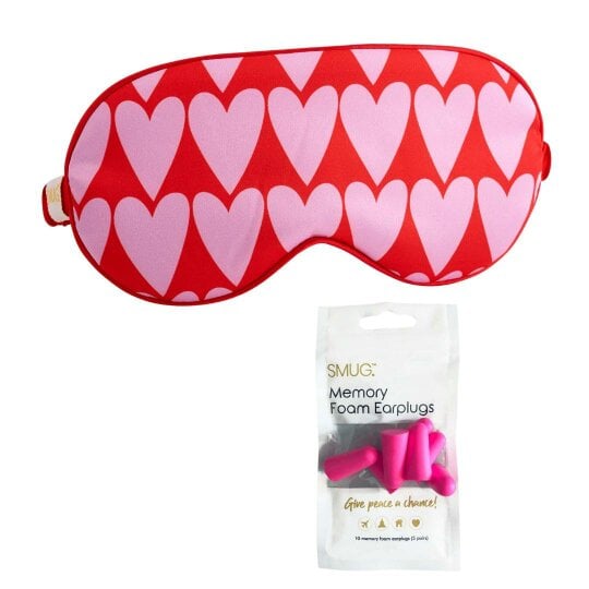 SMUG Satin Sleep Mask - Longheart Print - Sleep Mask & Pink Earplugs