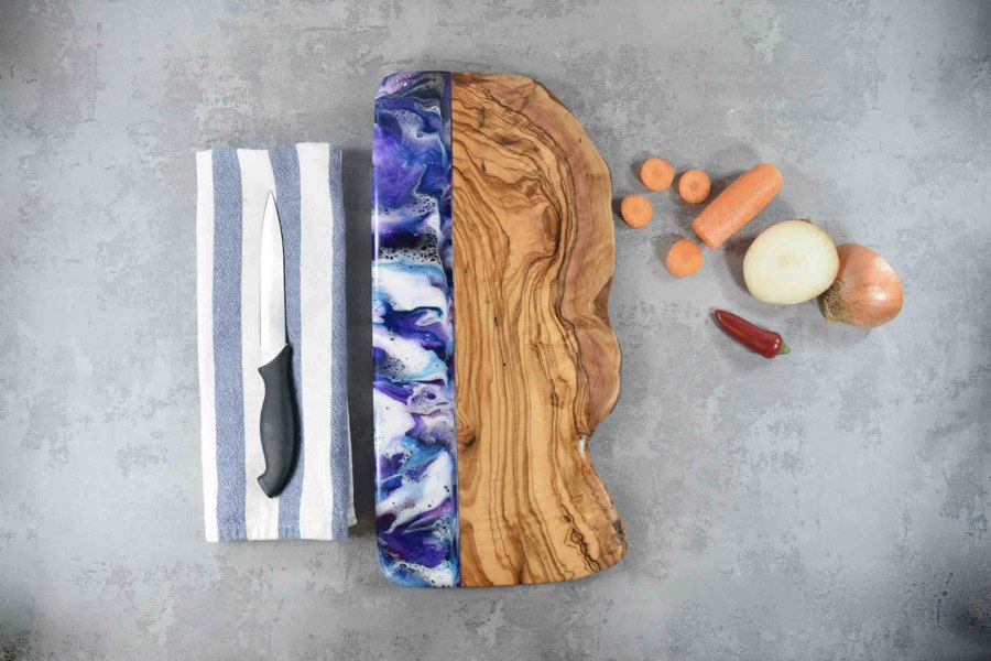 Kate Chesters Art Large Purple Resin Art Olive Wood Cutting Board 40cm