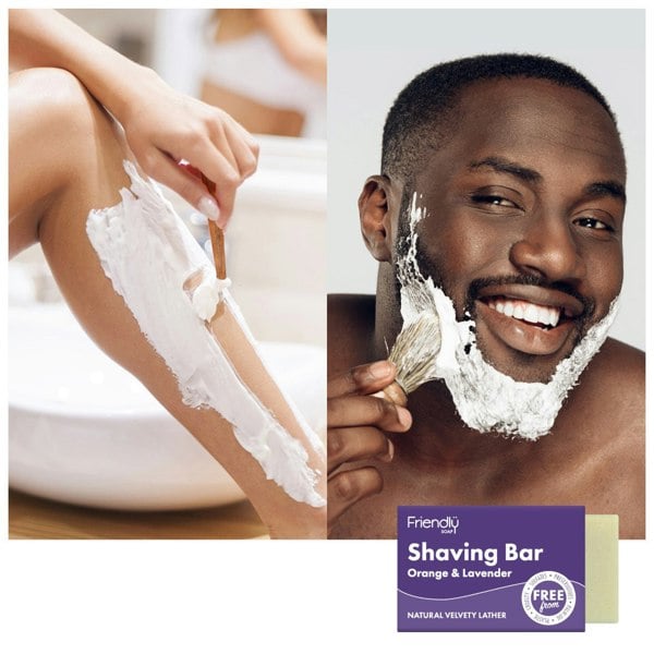 Split picture showing a male shaving his chin and a woman shaving her legs