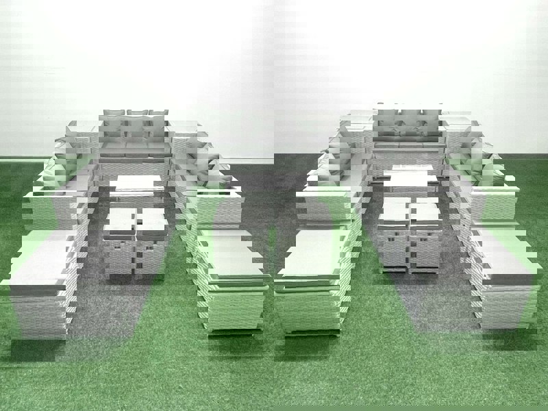 Fimous 10 Pieces Rattan Garden Furniture Set Outdoor Garden Sofa Coffee Table Set with 2 Side Tables 4 Footstools Light Grey Mixed