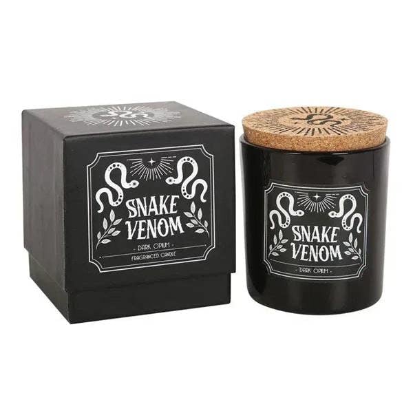 Black jar candle with cork lid; white Snake Venom label and dark opium scent