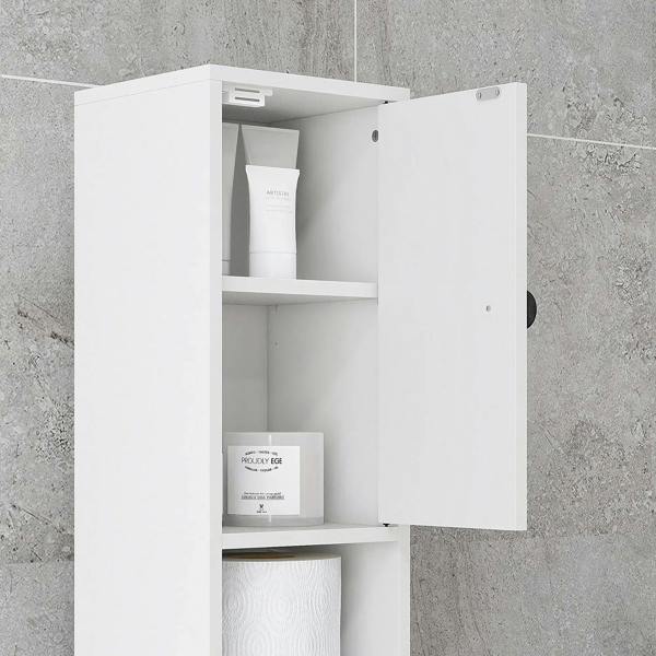 White slim bathroom cabinet door open, revealing interior shelves and stored items.