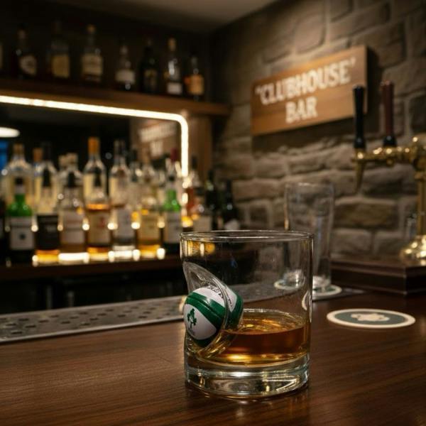 A heavy-bottomed whisky glass with an embedded mini Irish rugby ball, resting on a wooden bar counter in a pub setting.