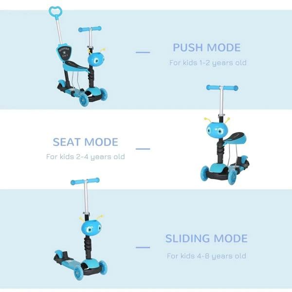 Blue kids scooter shown in three modes: push, seat, and sliding positions